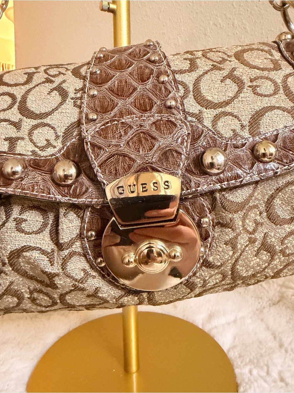 Guess Vintage Y2K Logo Shoulder Bag with Croc-Trim & Studs - Picture 2 of 11